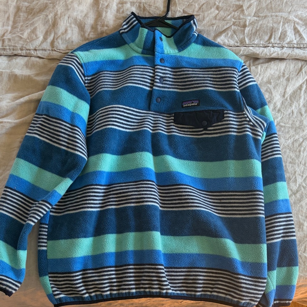 Patagonia Blue and Green Striped Fleece Pullover
